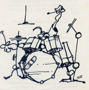 Charge da primeira bateria da banda Estlio Livre... Note o prato pendurado no teto... e1587405777632