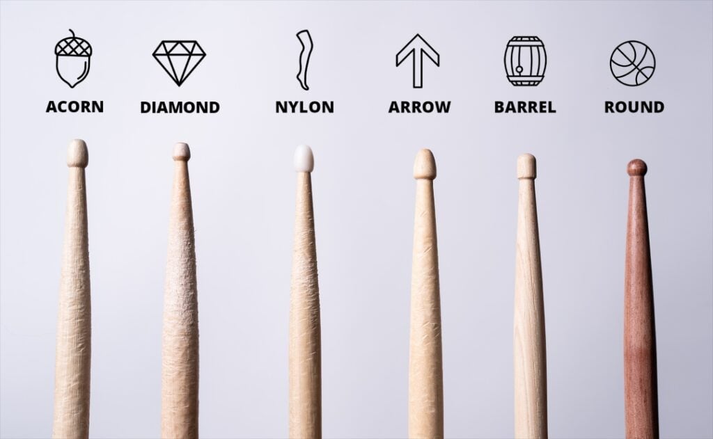 The Different Types Of Drumsticks (And The Best To Buy) 3 Drumsticks can come with different tip shapes including acorn, oval and barrel.
