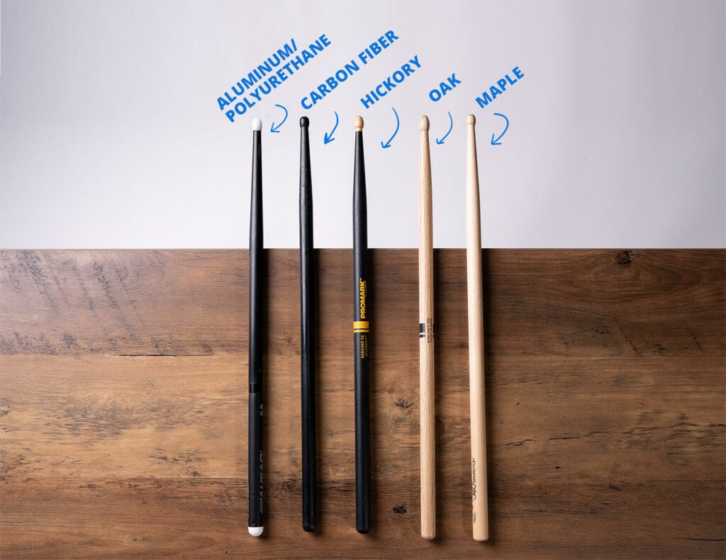 The Different Types Of Drumsticks (And The Best To Buy) 2 Drumsticks can be made of different types of wood (like hickory or maple) and synthetic materials.